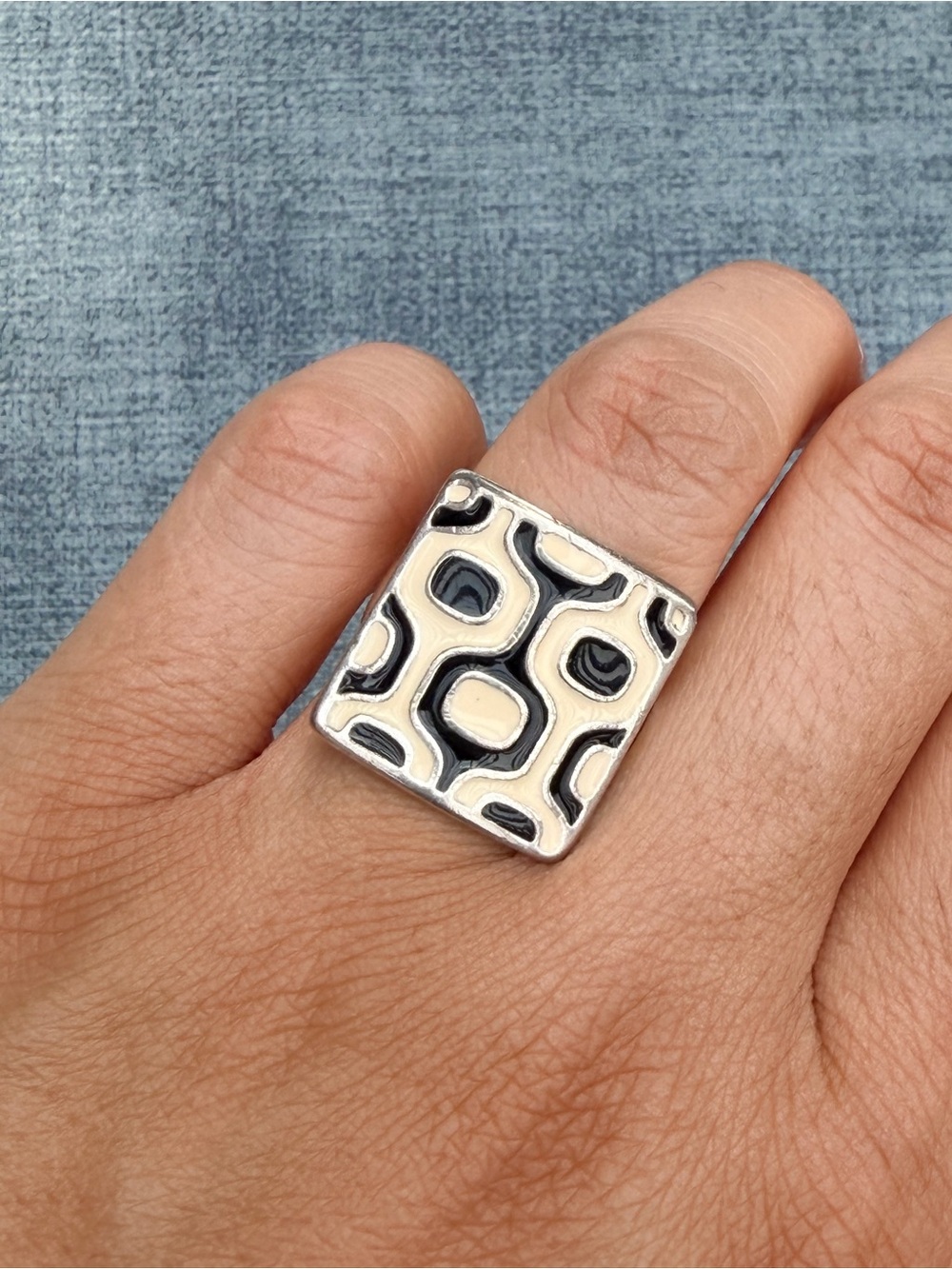 Foxy Originals Abstract Geometric Silver Ring with Black and White Enamel